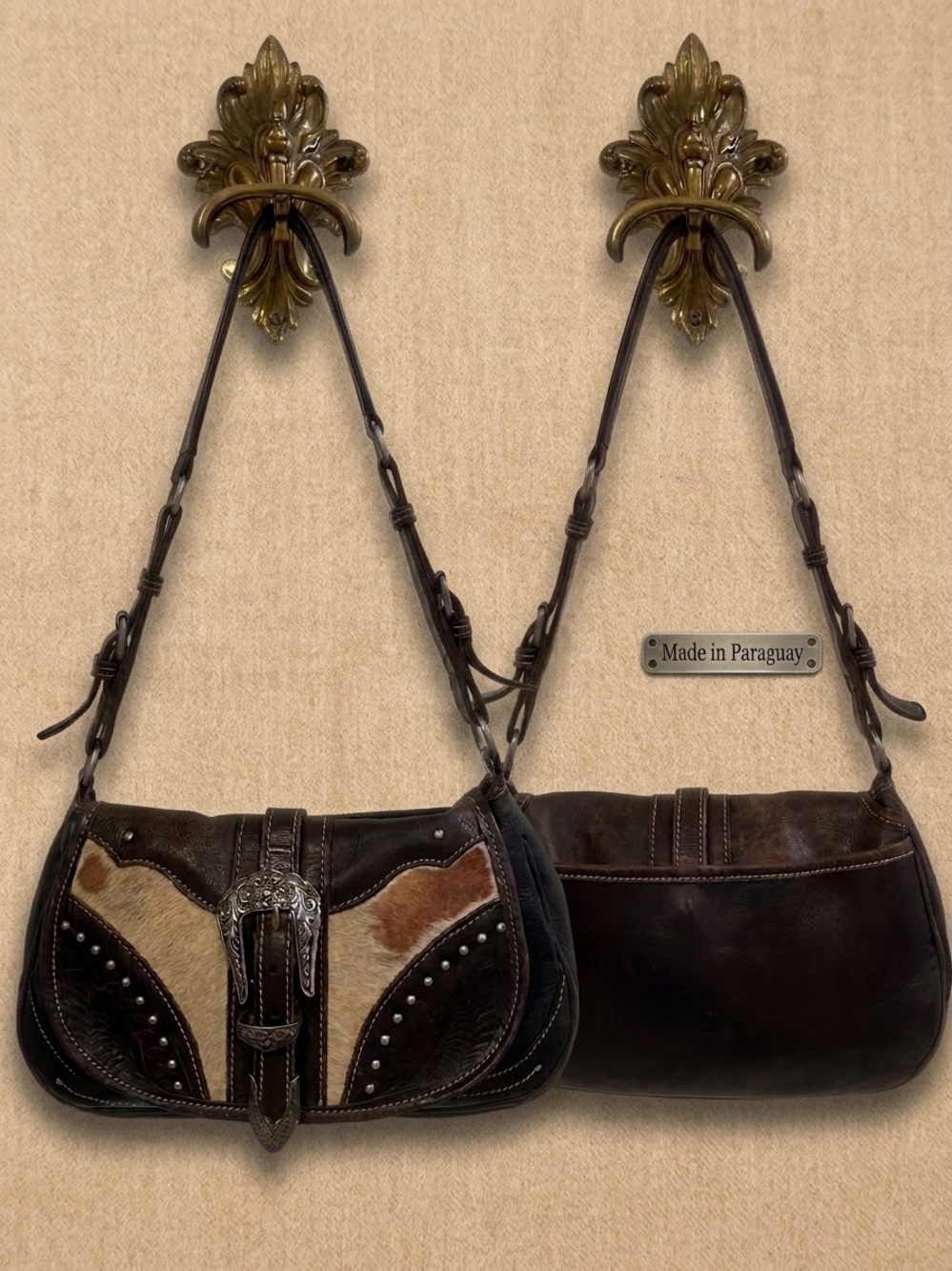 Western Rustic Cowhide Leather Shoulder Bag Silver Tone Buckle Studded 10x7x2